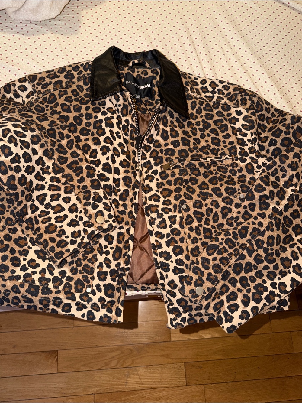 Fashion Nova Leopard Print Quilted Bomber Jacket with Black Collar
